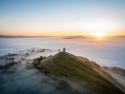 Aerial Glastonbury Tor in Mist